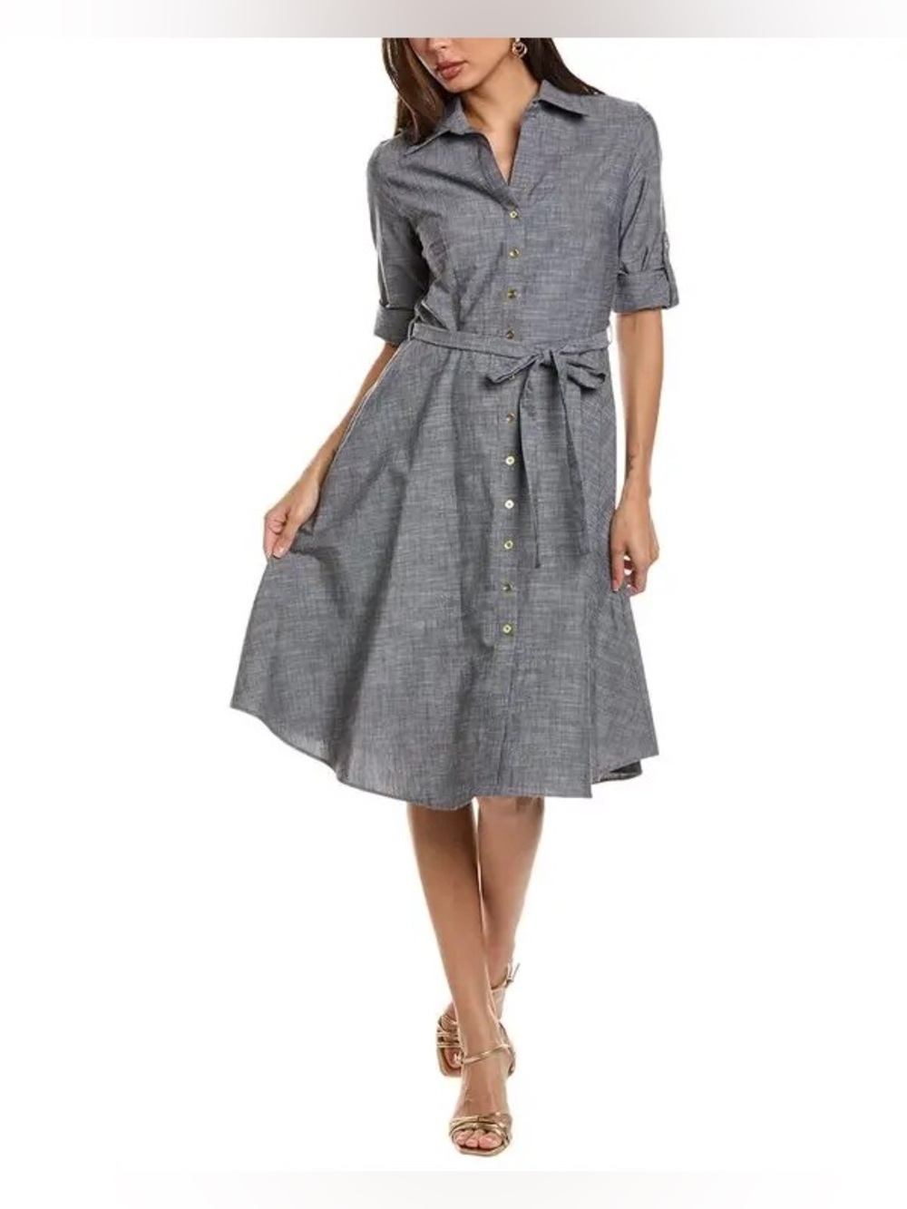 Sharagano Womens Blue Puff Sleeve Button Front Belted Midi Shirt Dress Size 6